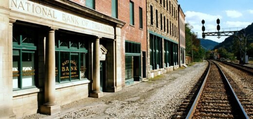along the railway are abandoned establishments in the ghost town of Thurmond, West Virginia